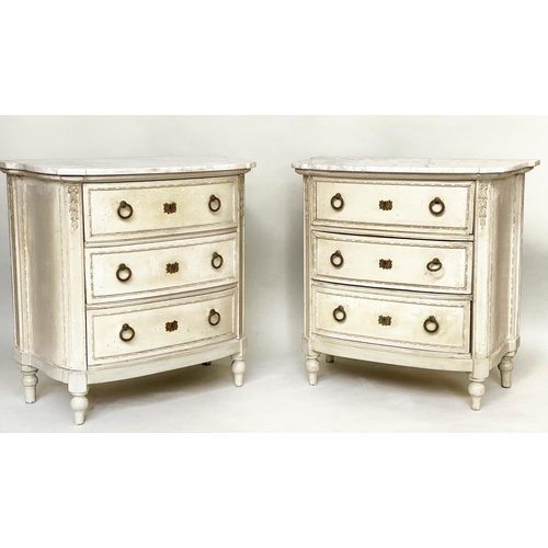 199 - BOW COMMODES, a pair, 19th century French with original grey paint finish, each with three drawers, ... 