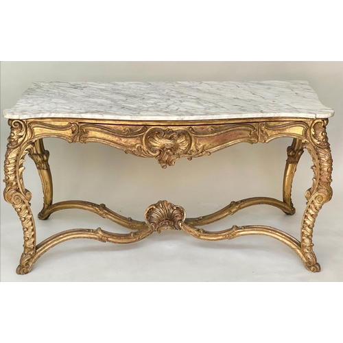 200 - CONSOLE TABLE, 19th century French Louis XV style, carved giltwood with serpentine front, three frie... 