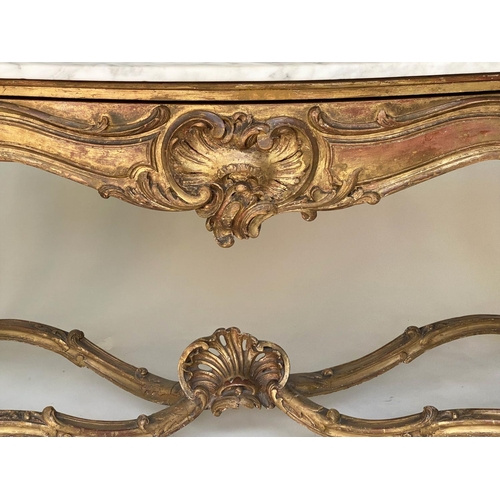 200 - CONSOLE TABLE, 19th century French Louis XV style, carved giltwood with serpentine front, three frie... 