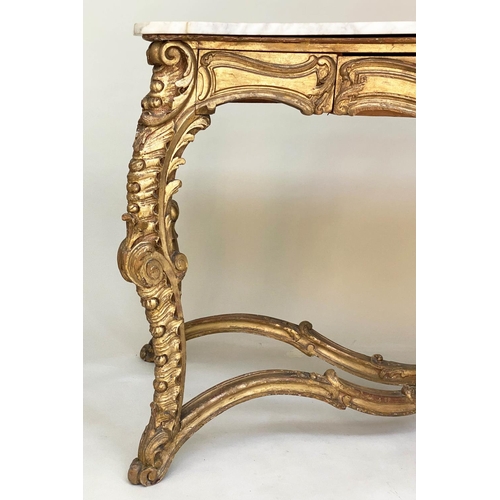 200 - CONSOLE TABLE, 19th century French Louis XV style, carved giltwood with serpentine front, three frie... 