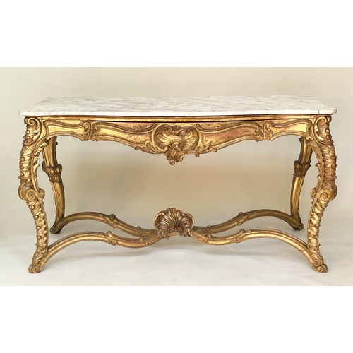 200 - CONSOLE TABLE, 19th century French Louis XV style, carved giltwood with serpentine front, three frie... 