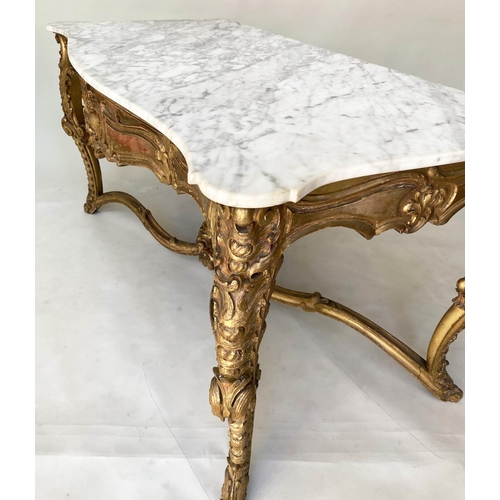 200 - CONSOLE TABLE, 19th century French Louis XV style, carved giltwood with serpentine front, three frie... 