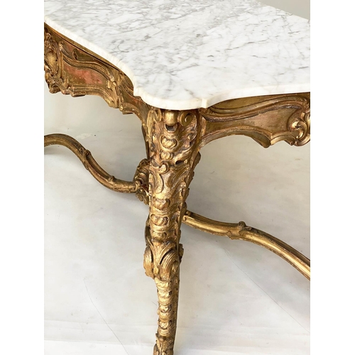 200 - CONSOLE TABLE, 19th century French Louis XV style, carved giltwood with serpentine front, three frie... 