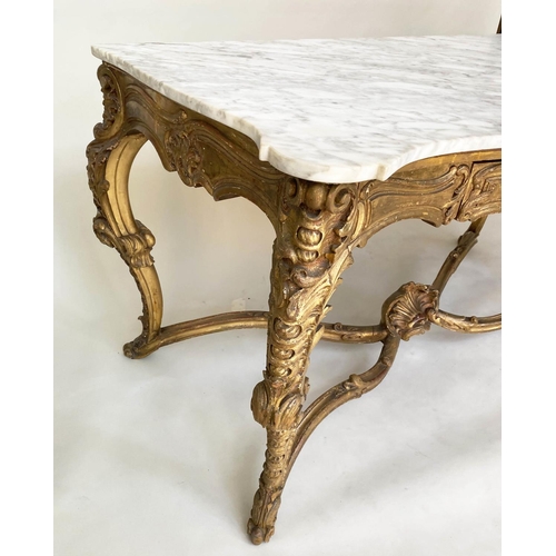 200 - CONSOLE TABLE, 19th century French Louis XV style, carved giltwood with serpentine front, three frie... 