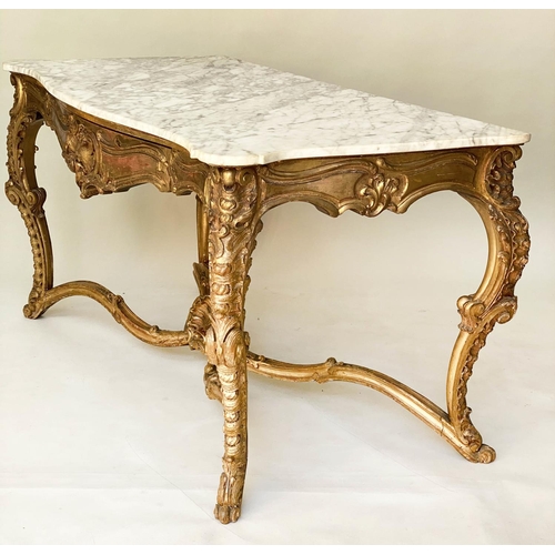 200 - CONSOLE TABLE, 19th century French Louis XV style, carved giltwood with serpentine front, three frie... 