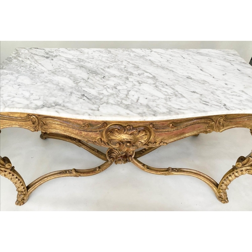 200 - CONSOLE TABLE, 19th century French Louis XV style, carved giltwood with serpentine front, three frie... 