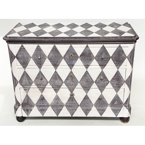 204 - HARLEQUIN COMMODE, 19th century Continental Harlequin pattern decorated with three long drawers and ... 