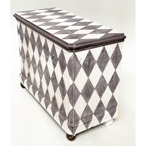 204 - HARLEQUIN COMMODE, 19th century Continental Harlequin pattern decorated with three long drawers and ... 