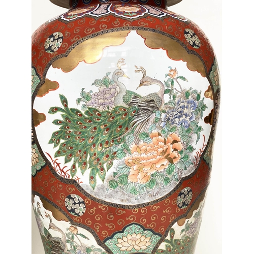 205 - TEMPLE JARS, a pair, very large Chinese ceramic vases with covers, hand decorated polychrome panels ... 