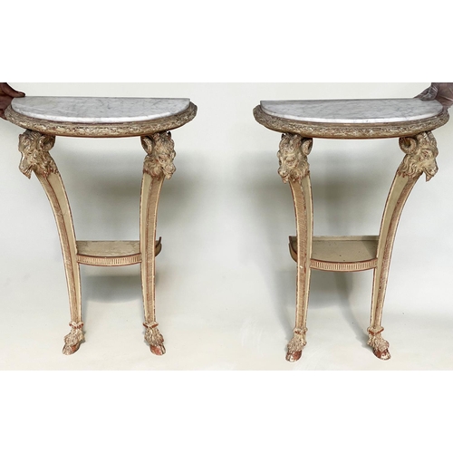 206 - CONSOLE TABLES, a pair, Italian style grey painted each semicircular with rams head capping and hoof... 