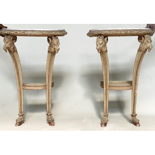 206 - CONSOLE TABLES, a pair, Italian style grey painted each semicircular with rams head capping and hoof... 