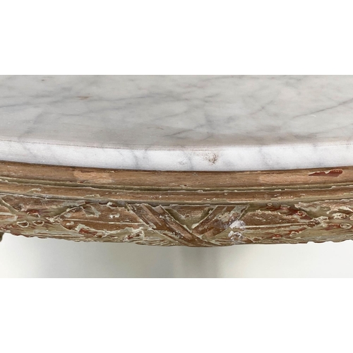 206 - CONSOLE TABLES, a pair, Italian style grey painted each semicircular with rams head capping and hoof... 