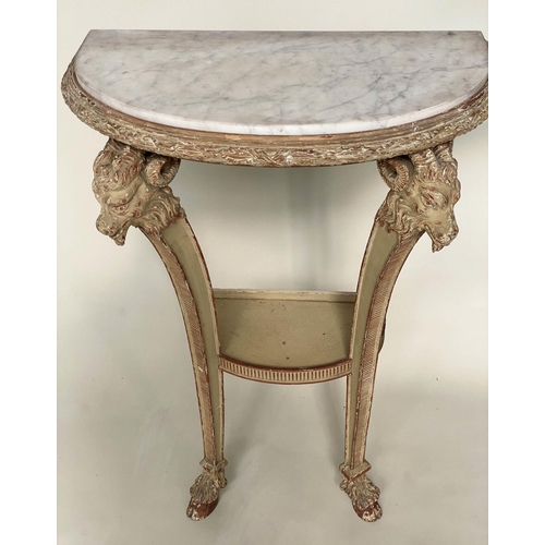 206 - CONSOLE TABLES, a pair, Italian style grey painted each semicircular with rams head capping and hoof... 