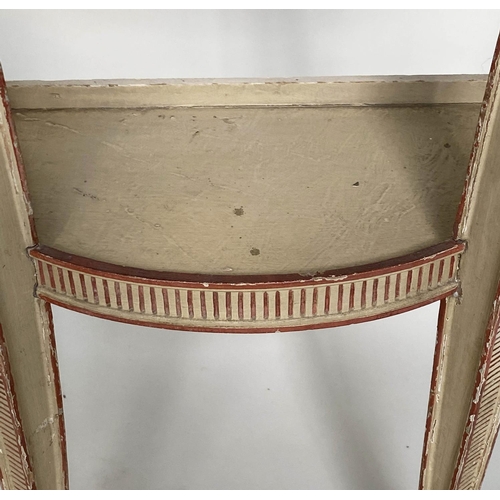 206 - CONSOLE TABLES, a pair, Italian style grey painted each semicircular with rams head capping and hoof... 