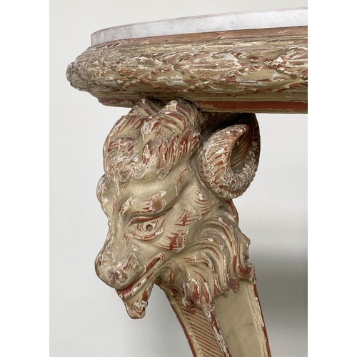 206 - CONSOLE TABLES, a pair, Italian style grey painted each semicircular with rams head capping and hoof... 