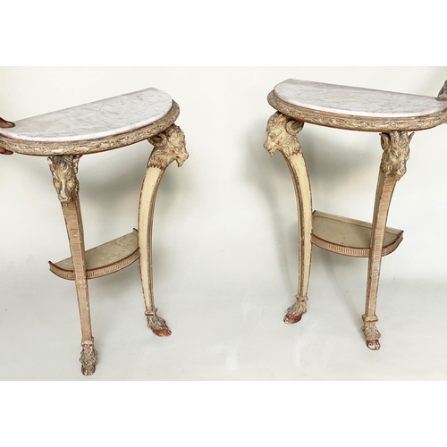 206 - CONSOLE TABLES, a pair, Italian style grey painted each semicircular with rams head capping and hoof... 