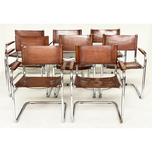 210 - DINING ARMCHAIRS, a matched set of eight Bauhaus design stitched tan leather and cantilever chrome f... 