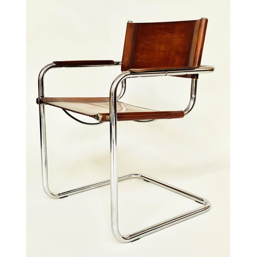 210 - DINING ARMCHAIRS, a matched set of eight Bauhaus design stitched tan leather and cantilever chrome f... 