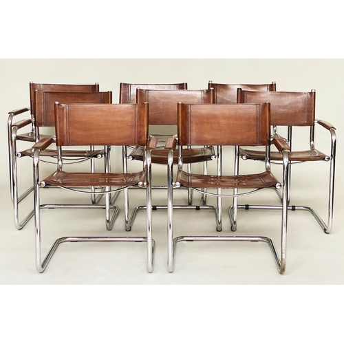 210 - DINING ARMCHAIRS, a matched set of eight Bauhaus design stitched tan leather and cantilever chrome f... 