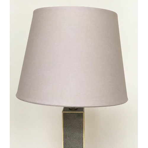 212 - TABLE LAMPS, a pair, faux shagreen and contrast trim each with square section column and stepped pla... 