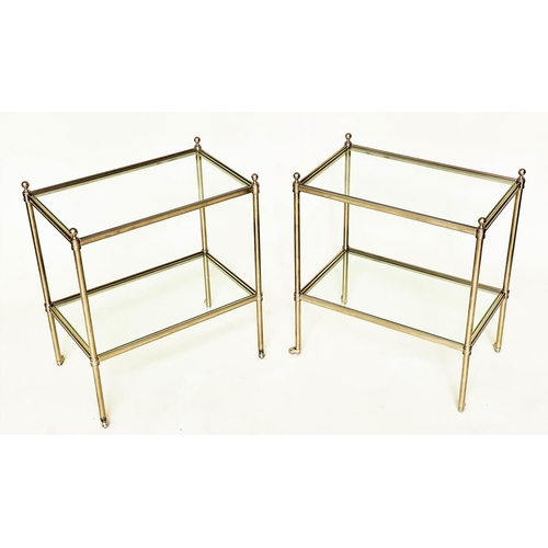 213 - LAMP TABLES, a pair, Regency style rectangular and nickel framed each with two bevelled glass shelve... 