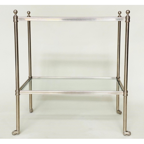 213 - LAMP TABLES, a pair, Regency style rectangular and nickel framed each with two bevelled glass shelve... 