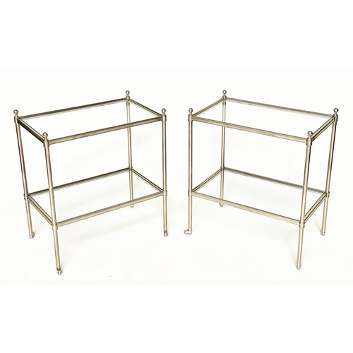 213 - LAMP TABLES, a pair, Regency style rectangular and nickel framed each with two bevelled glass shelve... 