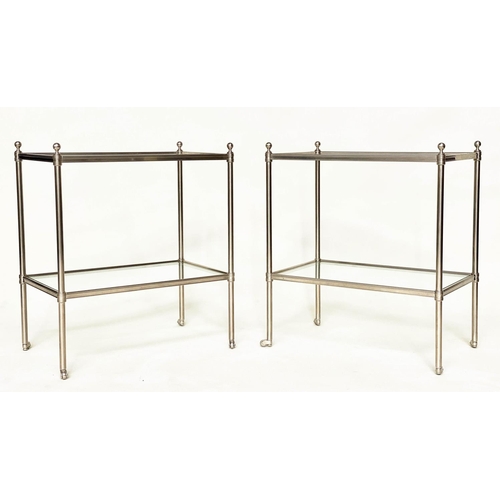 213 - LAMP TABLES, a pair, Regency style rectangular and nickel framed each with two bevelled glass shelve... 