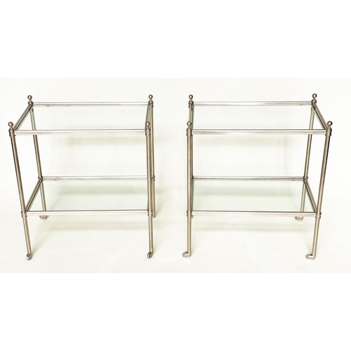 213 - LAMP TABLES, a pair, Regency style rectangular and nickel framed each with two bevelled glass shelve... 