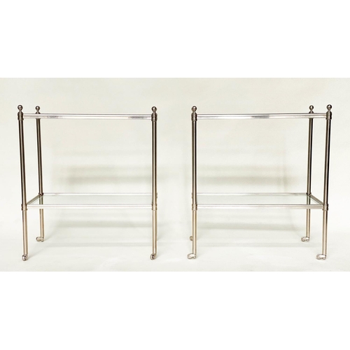 213 - LAMP TABLES, a pair, Regency style rectangular and nickel framed each with two bevelled glass shelve... 