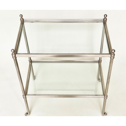 213 - LAMP TABLES, a pair, Regency style rectangular and nickel framed each with two bevelled glass shelve... 