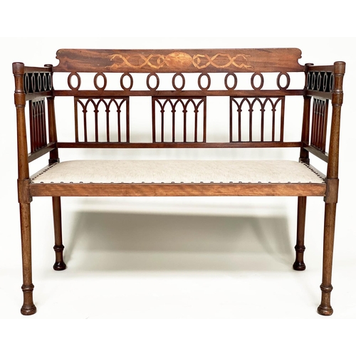 217 - HALL BENCH, early 20th century English Edwardian mahogany and marquetry with lancet tracery frame an... 