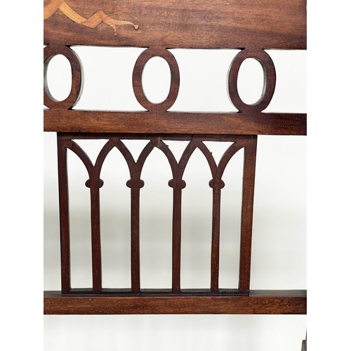 217 - HALL BENCH, early 20th century English Edwardian mahogany and marquetry with lancet tracery frame an... 