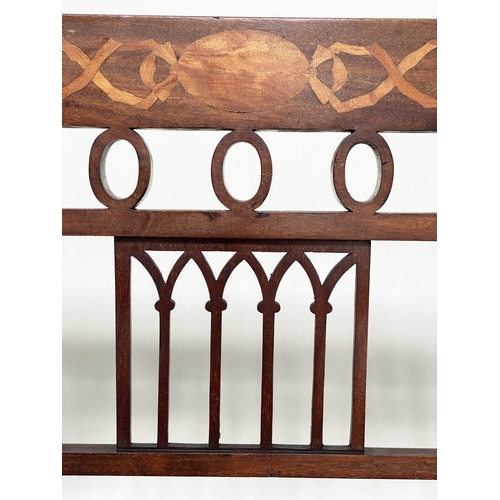 217 - HALL BENCH, early 20th century English Edwardian mahogany and marquetry with lancet tracery frame an... 