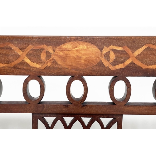 217 - HALL BENCH, early 20th century English Edwardian mahogany and marquetry with lancet tracery frame an... 