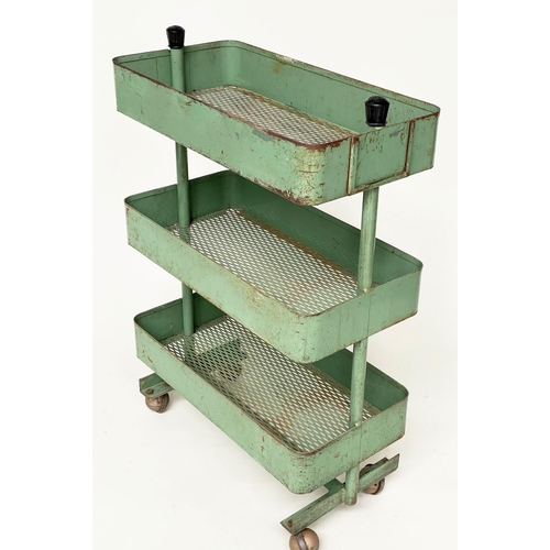 219 - WORKSHOP TROLLEYS, a pair, mid 20th century original green painted metal each with three tiers (on c... 