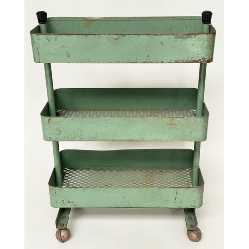 219 - WORKSHOP TROLLEYS, a pair, mid 20th century original green painted metal each with three tiers (on c... 