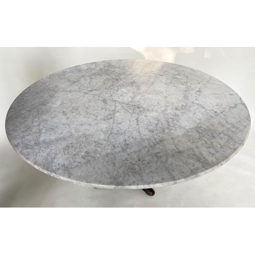 220 - CENTRE TABLE, early 20th century French circular carrara marble top raised upon cast iron green pain... 