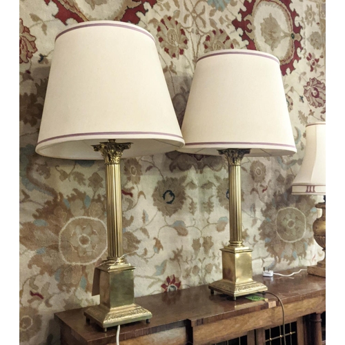 228 - CLASSICAL STYLE BRASS TABLE LAMPS, pair, square columns, cream shades, 95cm x H, corinthian capitals... 