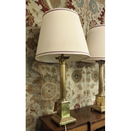 228 - CLASSICAL STYLE BRASS TABLE LAMPS, pair, square columns, cream shades, 95cm x H, corinthian capitals... 