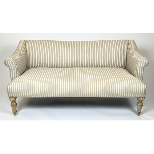 229 - SOFA, two seater, Victorian design with studded linen ticking upholstery and turned front supports, ... 