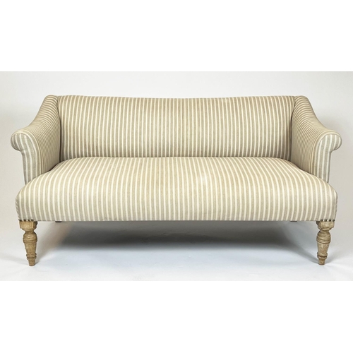 229 - SOFA, two seater, Victorian design with studded linen ticking upholstery and turned front supports, ... 