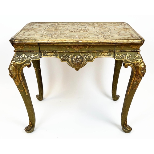 236 - CENTRE TABLE, 77cm H x 82cm W x 57cm D, early 20th century George I style green painted giltwood & g... 