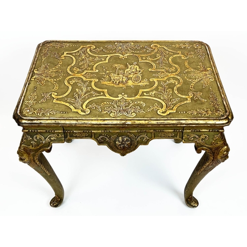 236 - CENTRE TABLE, 77cm H x 82cm W x 57cm D, early 20th century George I style green painted giltwood & g... 