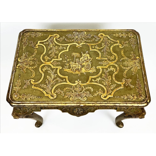 236 - CENTRE TABLE, 77cm H x 82cm W x 57cm D, early 20th century George I style green painted giltwood & g... 