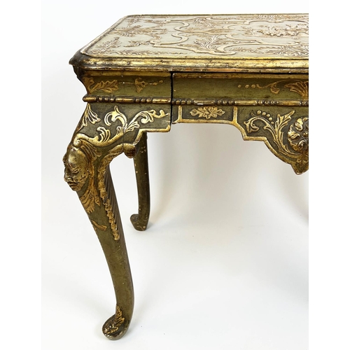 236 - CENTRE TABLE, 77cm H x 82cm W x 57cm D, early 20th century George I style green painted giltwood & g... 