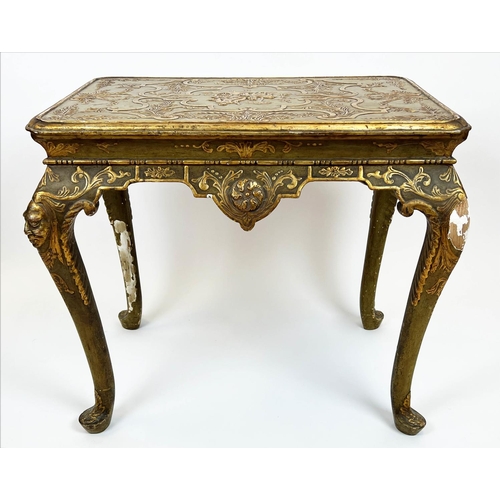 236 - CENTRE TABLE, 77cm H x 82cm W x 57cm D, early 20th century George I style green painted giltwood & g... 