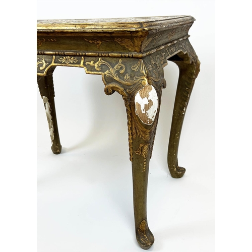 236 - CENTRE TABLE, 77cm H x 82cm W x 57cm D, early 20th century George I style green painted giltwood & g... 