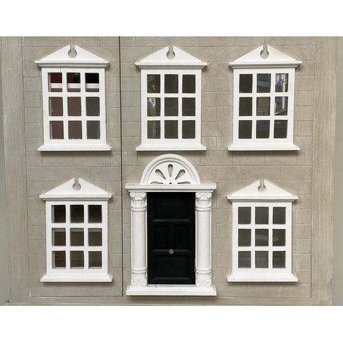 253 - DOLLS HOUSE WARDROBE, in the form of a London Town House with two doors enclosing shelves and hangin... 