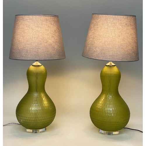 257 - JULIAN CHICHESTER 'TASSIA' TABLE LAMPS, a pair, green glass with shades, 87cm H. (2)